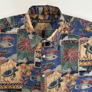 Tori Richard Shirt Mens Sz L Marquises Hawaiian Luau Turtle Fish Cotton Lawn USA